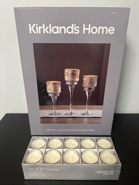 Kirkland's Home Silver Glass Hurricanes & White Votive Candle Set